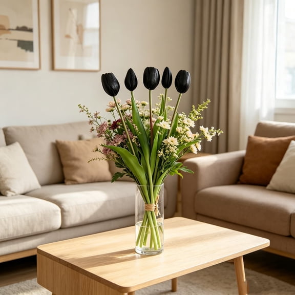 Black Tulip Artificial Flowers, 5 Stem Bouquet, Realistic Silk Flower Arrangement for Home Decor - Wedding Centerpiece for Indoor