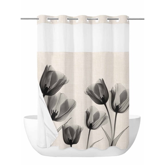 Black Tulip No Hook Shower Curtain and Liner Set Minimalist Modern Flower Art Linen Background Shower Curtains with Snap-in Liner & See Through Top Window Hotel Style for Bathroom Decor 60x72 Inch