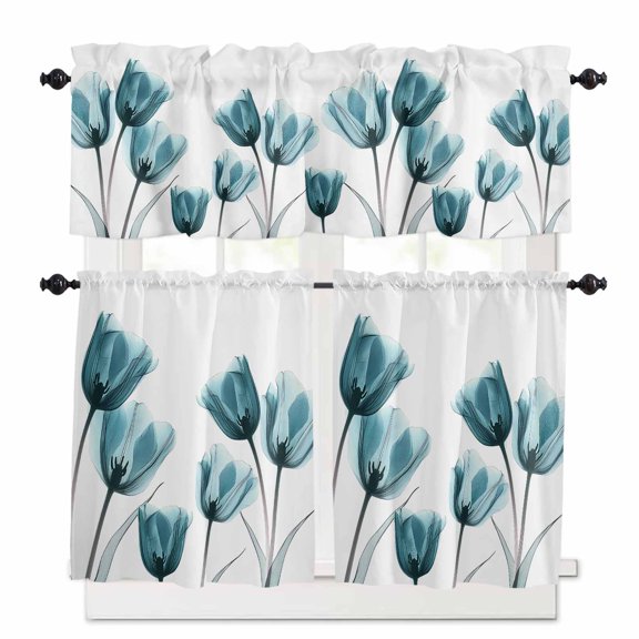Black Tulip Kitchen Curtains and Valances Set, Minimalist Modern Flower Art Rod Pocket Window Valance 18 Inch Window Curtain Panels for Living Room Bedroom Laundry, 27.5x24in, 3 Pieces