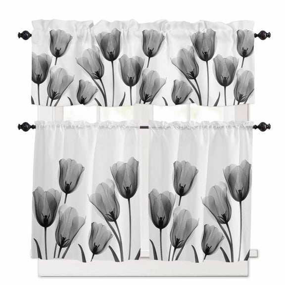 Black Tulip Kitchen Curtains and Valances Set, Minimalist Modern Flower Plant Art Rod Pocket Window Valance 18 Inch Window Curtain Panels for Living Room Bedroom Laundry, 27.5x24in, 3 Pieces