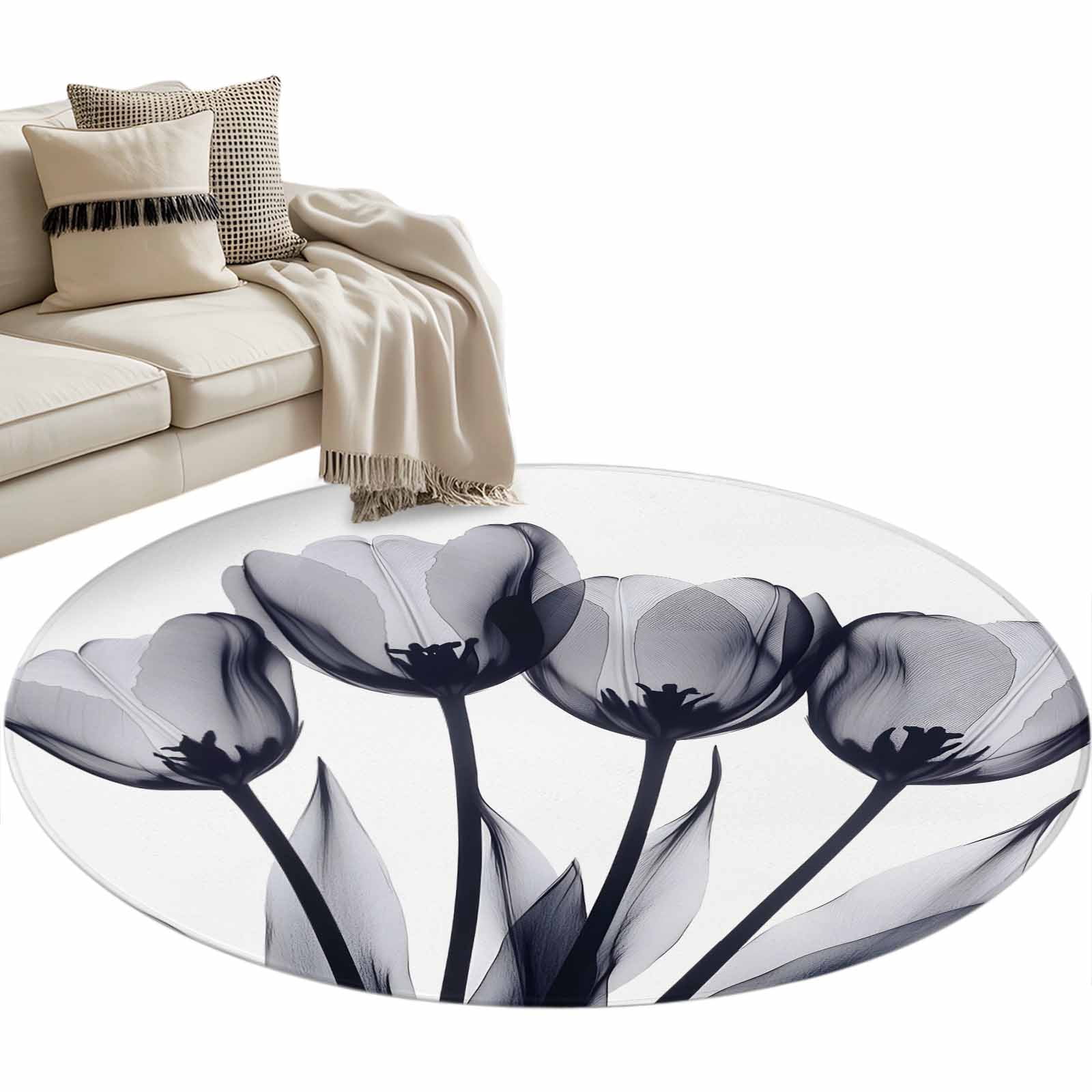 Black Tulip Round Area Rug 4ft Transparent Flowers Non-Slip Washable ...