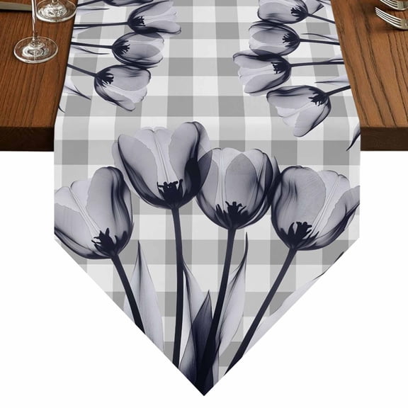 Black Tulip Table Runner for Dining Room, Transparent Flowers Cotton Linen Dining Table Runner Tablecloth Dresser Scarves for Kitchen Cafe 13x36 Inches Long