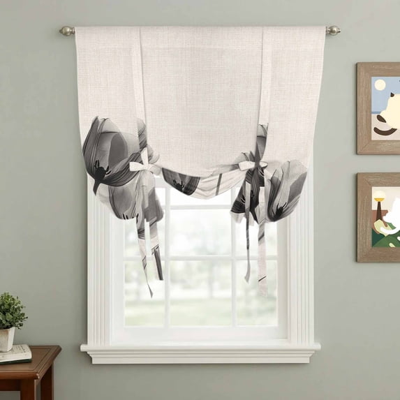 Black Tulip Tie Up Curtain 63 Inches Long, Minimalist Modern Flower Art Linen Background Balloon Style Kitchen Window Curtain Over Sink, Small Window Rod Pocket Curtain 42"x63"
