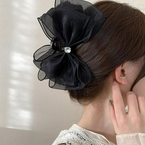 Black Tulle Bow Large Claw Clip Mesh Bowknot Hair Claw Clips Rhinestones Big Claw Clips for Thick Hair Ponytail Hair Claw Hair Clip Chiffon Hair Bows Hair Clips for Girls Hair Accessories for Women