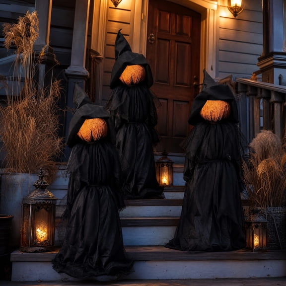 Black Tulle Fabric Witch Figurine Set of 3, Standing Pumpkin Head Halloween Decorations with Gothic Style, Primitive Tabletop Ornaments for Mantel, Porch and Shelf Display
