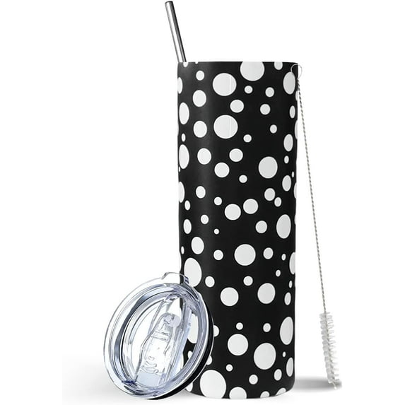 Black Tumbler, Trendy skinny Tumbler with Straw and Lid, Unique Birthday Gifts for Women, Friends Female, Teenage Girls- Polka Dots Coffee Travel Mug, Cup, Double Wall Insulated Tumbler 20 Oz