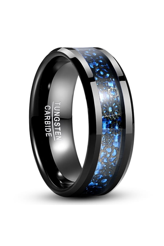 Black Tungsten Carbide Celtic Dragon Blue Carbon Fiber Inlay Polished Finish Comfort Fit Ring for Men