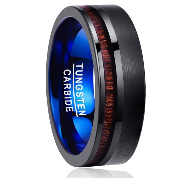 Black Tungsten Carbide Wedding Band Ring Real Wood Inlay Comfort Fit 8mm Size 12