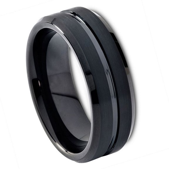 Black Tungsten Grooved Center 8MM Brushed Beveled Edge Ring Size 15