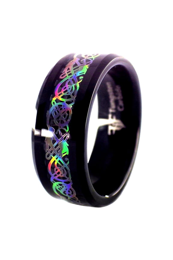 Black Tungsten Rainbow Hologram Style Celtic Dragon Ring Womens Mens Wedding Band Fantasy Forge Jewelry