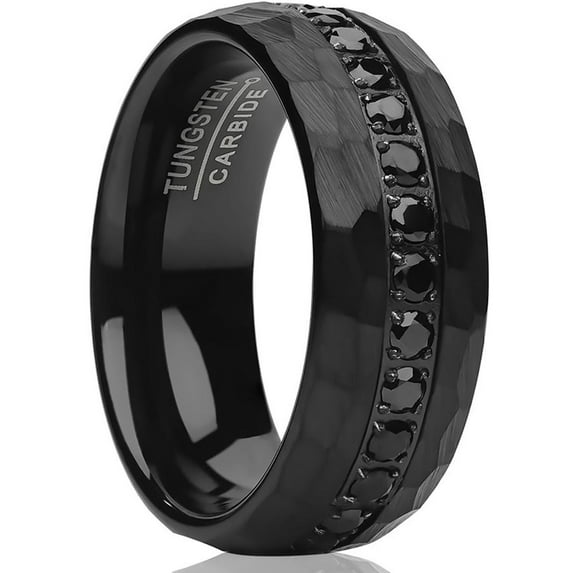 Black Tungsten Ring,8mm Wedding Ring,CZ Wedding Ring,Hammered Wedding Ring,Tungsten Carbide Ring,Man's Ring