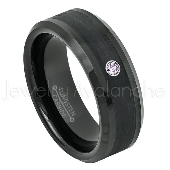 Black Tungsten Ring Beveled Edge - 0.07ct Solitaire Amethyst Ring - Personalized Tungsten Wedding Ring - Custom Made February Birthstone Ring TN663BS