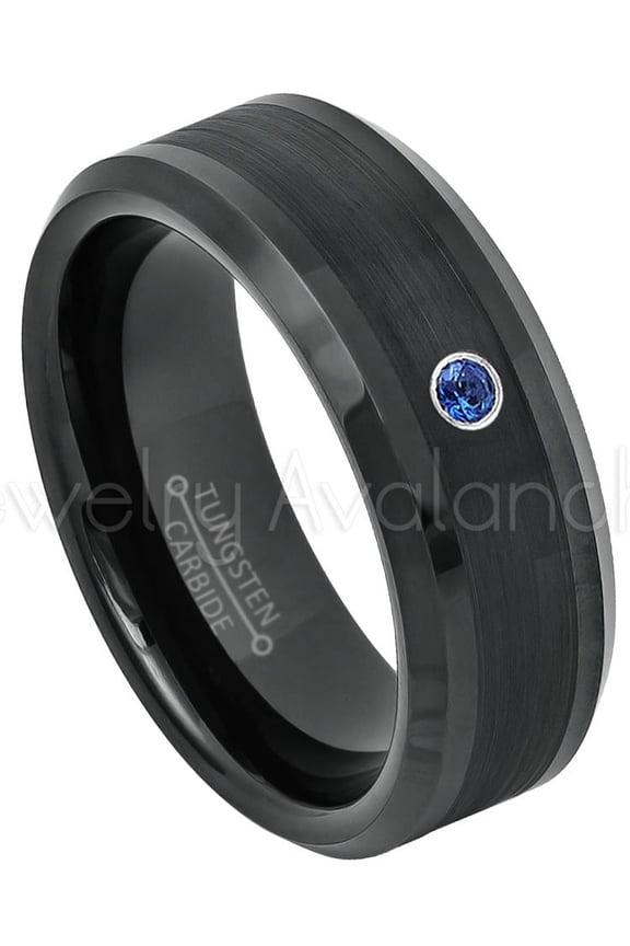 Black Tungsten Ring Beveled Edge - 0.07ct Solitaire Blue Sapphire Ring - Personalized Tungsten Wedding Ring - Custom Made September Birthstone Ring TN663BS