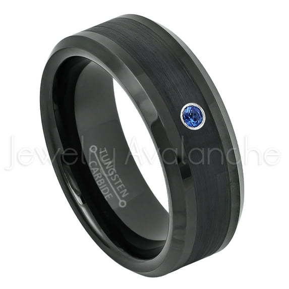 Black Tungsten Ring Beveled Edge - 0.07ct Solitaire Blue Sapphire Ring - Personalized Tungsten Wedding Ring - Custom Made September Birthstone Ring TN663BS
