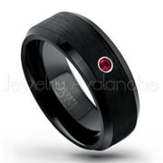 JEWELRY AVALANCHE Black Tungsten Ring Beveled Edge - 0.07ct Solitaire Ruby Ring - Personalized Tungsten Wedding Ring - Custom Made July Birthstone Ring TN166BS