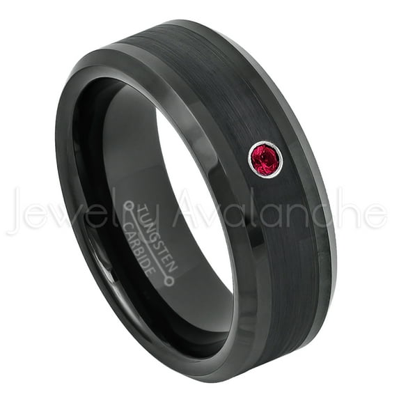 Black Tungsten Ring Beveled Edge - 0.07ct Solitaire Ruby Ring - Personalized Tungsten Wedding Ring - Custom Made July Birthstone Ring TN663BS
