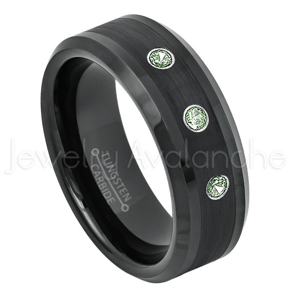 Black Tungsten Ring Beveled Edge - 0.21ctw Alexandrite 3-stone Band - Personalized Tungsten Wedding Ring - Custom Made June Birthstone Ring TN663BS
