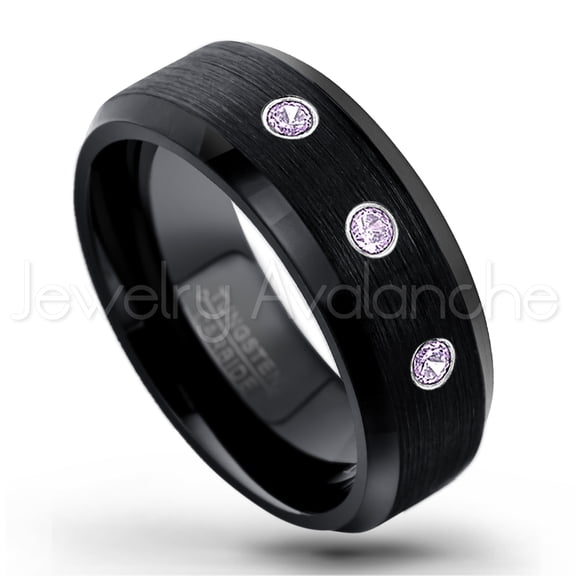 Black Tungsten Ring Beveled Edge - 0.21ctw Amethyst 3-stone Band - Personalized Tungsten Wedding Ring - Custom Made February Birthstone Ring TN166BS