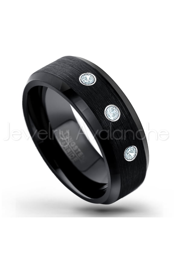 Black Tungsten Ring Beveled Edge - 0.21ctw Aquamarine 3-stone Band - Personalized Tungsten Wedding Ring - Custom Made March Birthstone Ring TN166BS