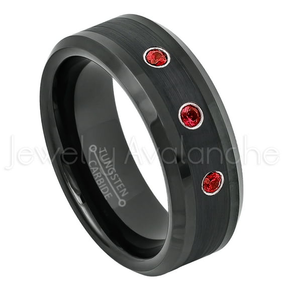 Black Tungsten Ring Beveled Edge - 0.21ctw Garnet 3-stone Band - Personalized Tungsten Wedding Ring - Custom Made January Birthstone Ring TN663BS