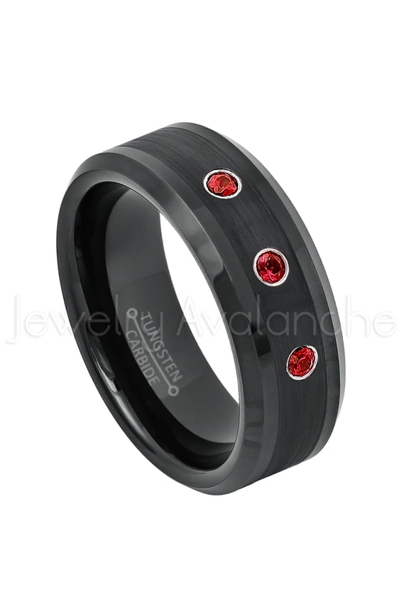 Black Tungsten Ring Beveled Edge - 0.21ctw Garnet 3-stone Band - Personalized Tungsten Wedding Ring - Custom Made January Birthstone Ring TN663BS