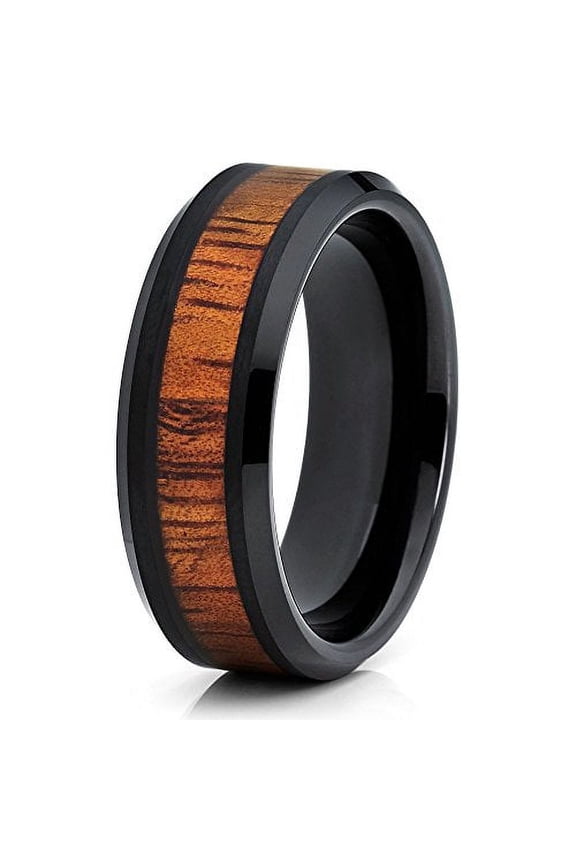 Black Tungsten Ring Koa Wood Tungsten Wedding Band 8mm Black Tungsten Carbide Ring Men & Women Comfort Fit