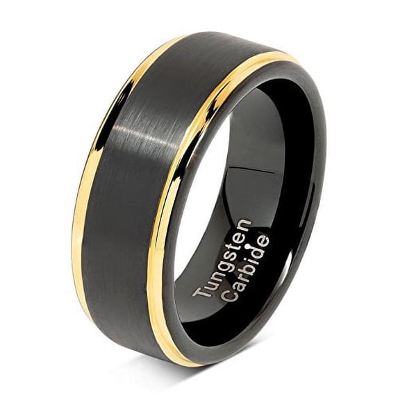 Black Tungsten Rings for Men Wedding Band Gold Step Edge Size 6-16 (Tungsten, 6.5)