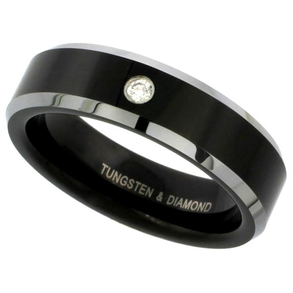 Black Tungsten Two Tone Beveled Edges Diamond Wedding Band Rings 6mm