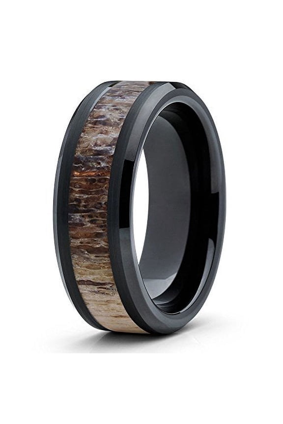Black Tungsten Wedding Band Deer Antler Tungsten Ring 8mm Tungsten Carbide Hunter Camper Nature Comfort Fit