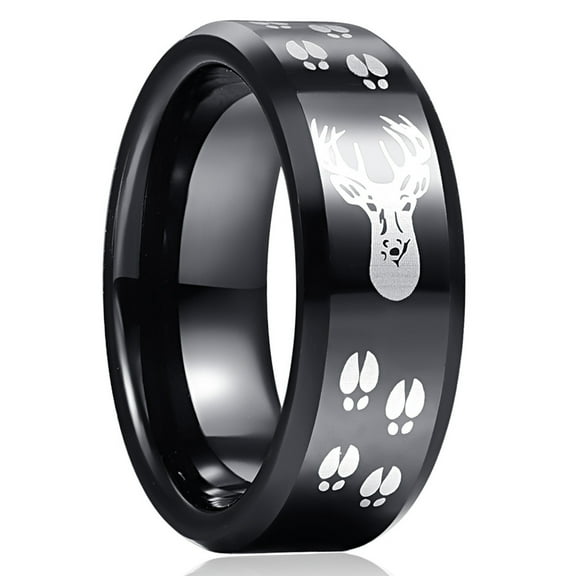 Black Tungsten Wedding Band Ring with Deer Track Pattern Mens Hunting Beveled Edge Comfort Fit Ring