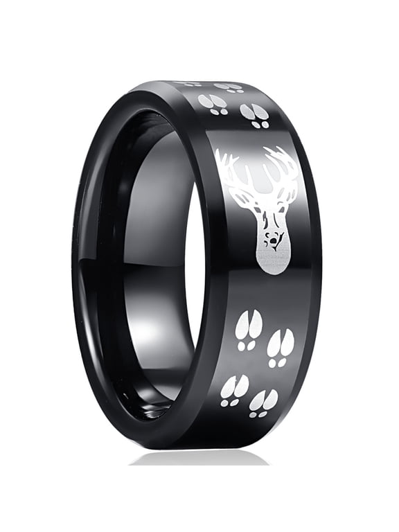 Black Tungsten Wedding Band Ring with Deer Track Pattern Mens Hunting Beveled Edge Comfort Fit Ring