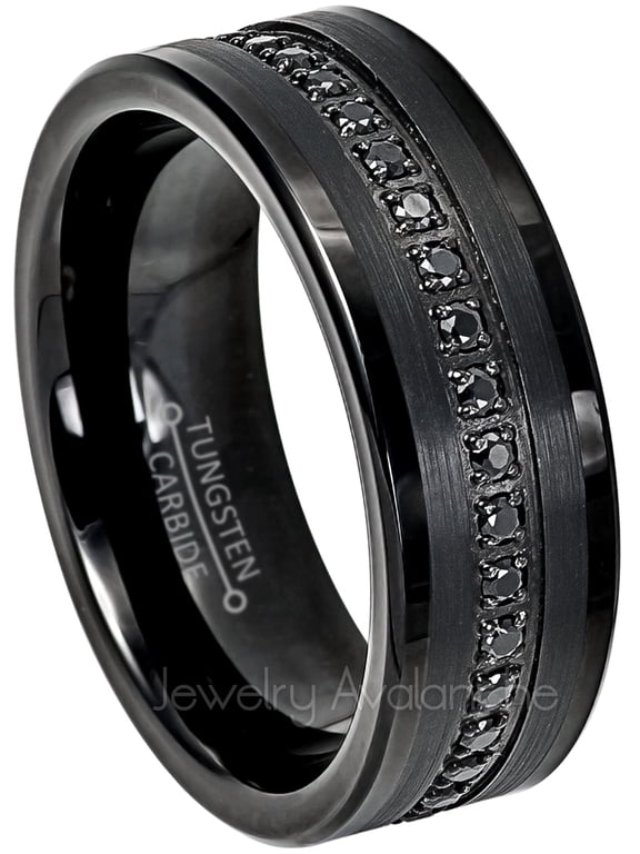 Mens Black Tungsten Eternity Wedding Ring, Pipe Cut, Black CZ Accent, 8mm Anniversary Band
