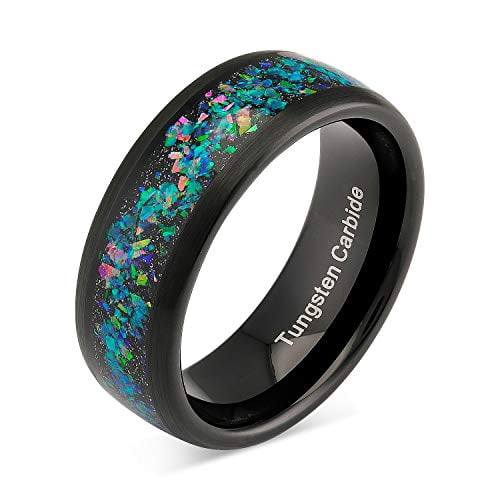 Black Tungsten Wedding Ring for Men Women Opal Inlay Comfort Fit Style Size 6-16 (Tungsten, 15.5)