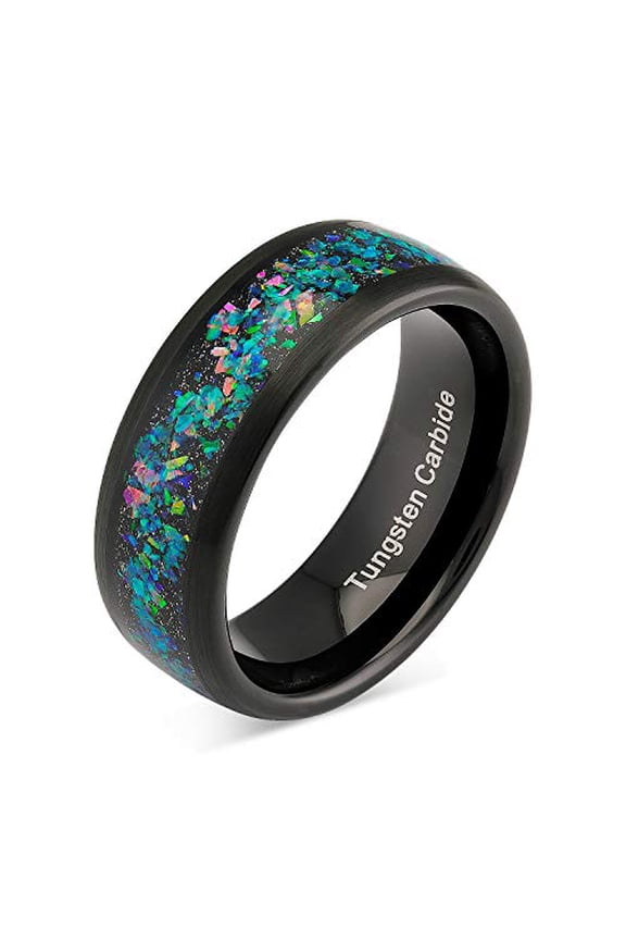 Black Tungsten Wedding Ring for Men Women Opal Inlay Comfort Fit Style Size 6-16 (Tungsten, 15)