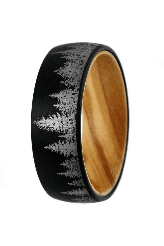 Black Tungten Wedding Band with Olive Wood - Pine Tree Forest Design - Satin Finish 8mm