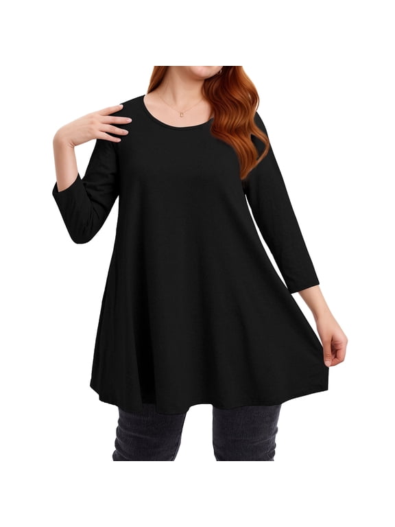 Black Tunic Tops for Women 3/4 Sleeve Casual Dressy Blouse Plus size Loose Fit Shirt Holiday 2XL