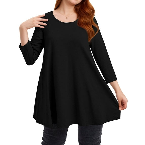Sprinmer Black Tunic Tops for Women 3/4 Sleeve Casual Dressy Blouse Plus size Loose Fit Shirt Holiday M