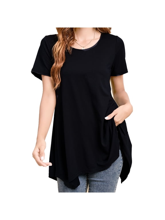Plus Size Black Tunic Legging Top for Women Short Sleeve Crewneck Blouse Loose Summer Shirt