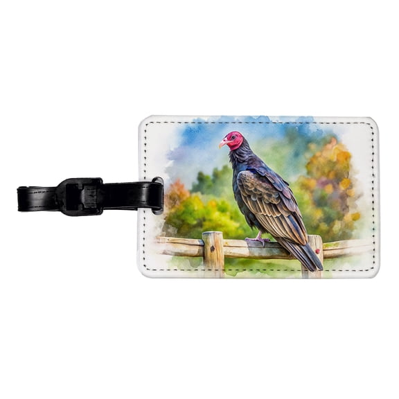 Black Turkey Vulture Sitting On Fence Watercolor Faux Leather Travel Luggage Tag