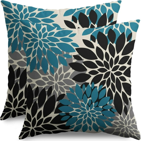 Black Turquoise Blue Pillow Covers 20X20 Inch Set of 2, Spring Summer Floral Dahlia Flower Cream Decorative Throw Pillow Covers Outdoor Modern Farmhouse Cushion Case for Home Couch Sofa Bed Decor