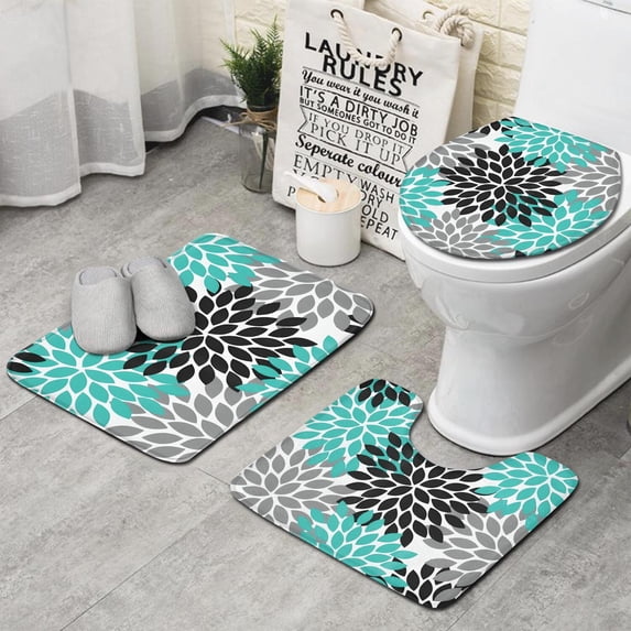 Black Turquoise and Gray Floral Pattern Bathroom Rugs Sets 3 Piece,Toilet Cover Set,Absorbent Non Slip Bathroom Mats Sets with U-Shaped Contour Rug Toilet Rug Set