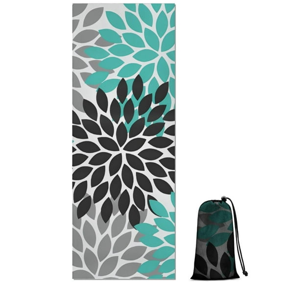 Black Turquoise and Gray Floral Pattern Hot Yoga Mat Towel Non Slip for Hot Yoga - Quick-Drying Yoga Mat Cover with 4 Corner Pockets with Travel Bag - Hot Yoga Towel Non Slip 70"x26"