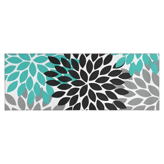 Black Turquoise and Gray Floral Pattern Kitchen Rug Mat,Kitchen Runner Rugs Non Skid Washable,Decorative Kitchen Floor Mats for Kitchen,Sink,Laundry,17"X47"