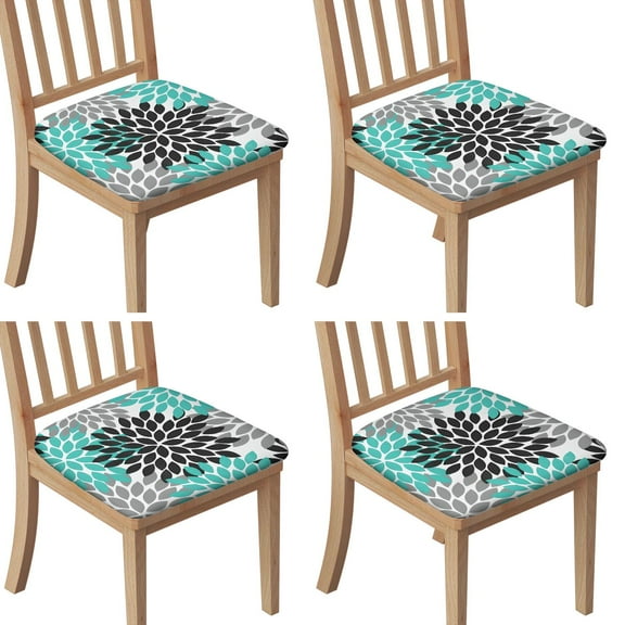 Black Turquoise and Gray Floral Pattern Seat Covers for Dining Room Chairs Set Of 4,Stretch Printed Washable Chair Seat Cover with Elastic Ties and Button,Removable Waterproof Couch Cushion Covers