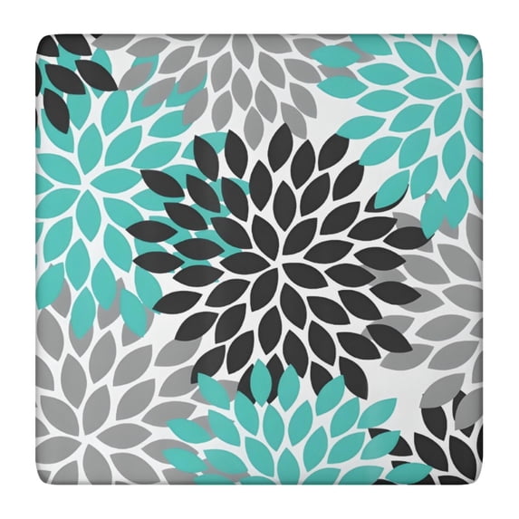 Black Turquoise and Gray Floral Pattern Square Fitted Tablecloth with Elastic Edge,Square Table Cover,Washable Elastic Table Cover for Home Kitchen Party Decor 36"x36"