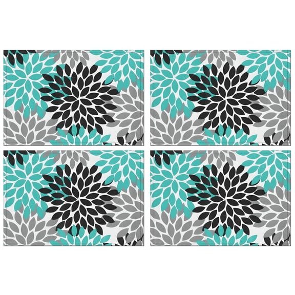 Black Turquoise and Gray Floral Pattern Summer Placemats Table Placemats Set Of 4-Linen Kitchen Washable Placemats Table Mats 11.8"x17.7"Non-Slip Heat Resistant