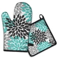 thumbnail image 1 of Black Turquoise and Gray Floral Pattern Kitchen Oven Mitt and Pot Holder Sets 2 Pcs for Baking, Cooking and Grilling, Heat Resistant Up To 392 °F, 1 of 7