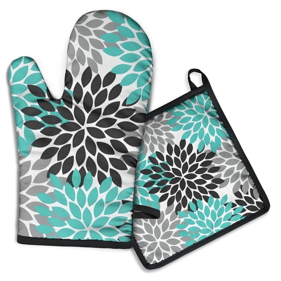 Black Turquoise and Gray Floral Pattern Kitchen Oven Mitt and Pot Holder Sets 2 Pcs for Baking, Cooking and Grilling, Heat Resistant Up To 392 °F