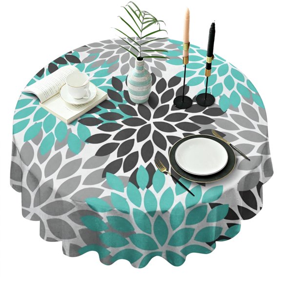 Black Turquoise and Gray Floral Pattern Round Tablecloth 60"x60",Wrinkle Wipeable Table Cloth for Kitchen Dining Room Picnic Patio Party
