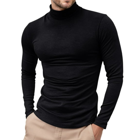 Dwelliawo Black Turtle Neck Shirt Men Basic Slim Fit Sweaters Turtleneck Shirt Long Sleeve Ribbed Shirt Winter Pullover Tops Knitted Sweater Black L
